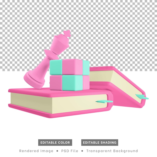 3d rendering hobby icons include books chess pieces and cube puzzles