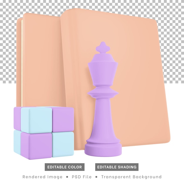3d rendering hobby icons include books chess pieces and cube puzzles
