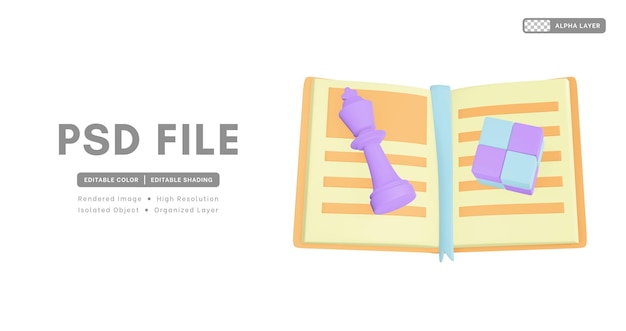3Dレンダリングの趣味のアイコンには、本のチェスの駒とキューブパズルが含まれます