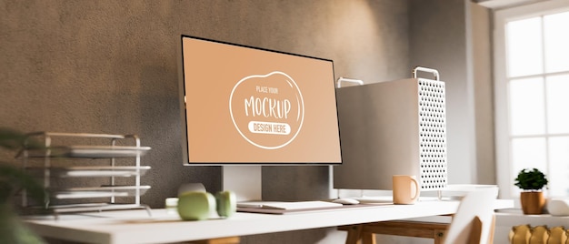 3D rendering home office desk with computer mockup