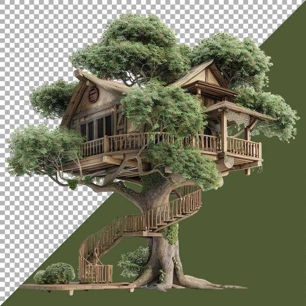 PSD rendering 3d di una casa su un albero su uno sfondo trasparente generato da ai