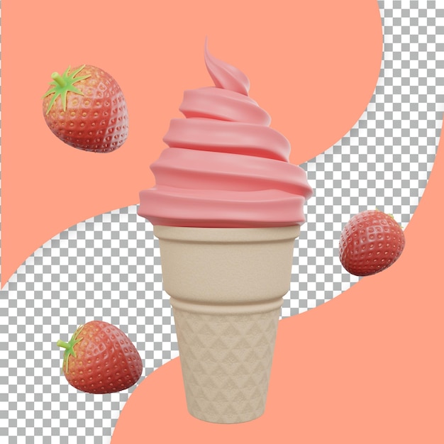 3d rendering ice cream strawberry on cone tranparent premium psd