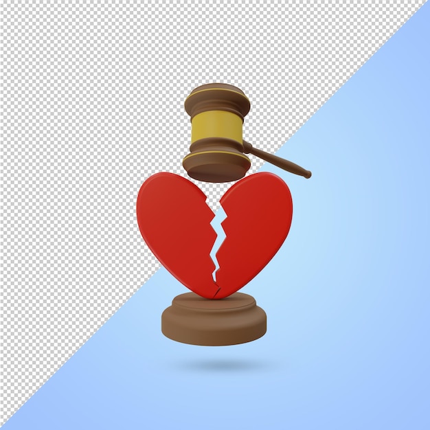PSD icona di rendering 3d illustrazione del martello rosso incrinato o rotto e del giudizio di divorzio del cuore rosso conce