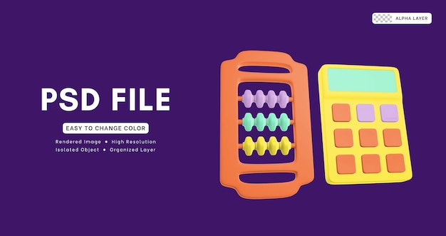 PSD 3d rendering icon set of calculating tools including abacus and calculator