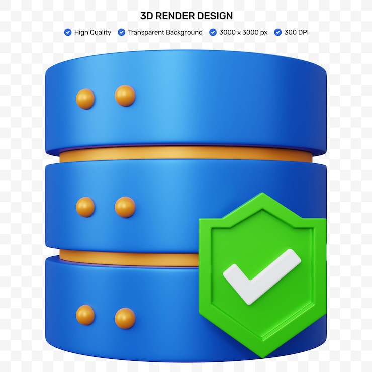 PSD 3d-rendering illustratie blauwe database met een schildpictogram met een vinkje geïsoleerd