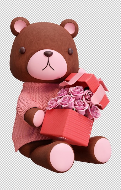 3D rendering illustration of bear wearing pink clothes on transparent background