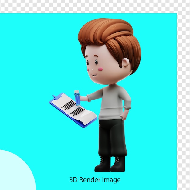 Illustrazione del rendering 3d di un ragazzo in possesso di una scheda attività