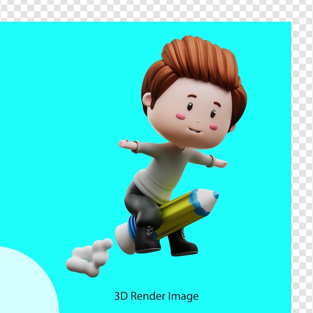 3D рендеринг иллюстрации мальчика, катающегося на карандашной ракете