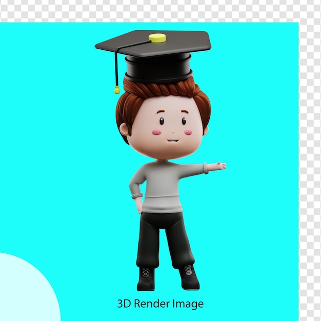 Illustrazione del rendering 3d di un ragazzo che indossa un cappello di laurea