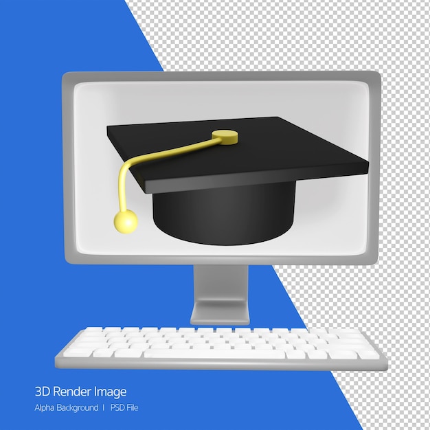 PSD 3d rendering illustration of computer monitor with graduation cap learning concept research studyeducation