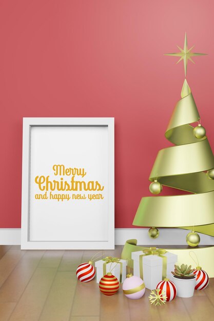 PSD 3d rendering illustration of frame poster mockup in modern interior background in christmas new year theme