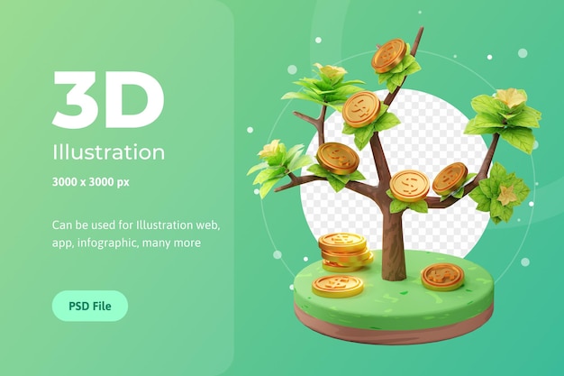 3D Rendering Illustration of Growing Business, with tree and coin, used for web, app etc