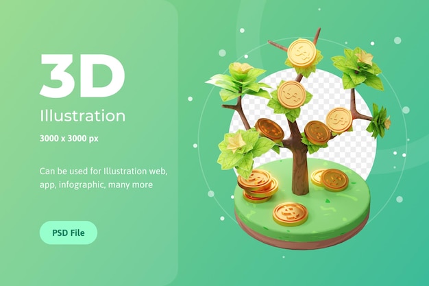 Rendering 3D Illustrazione di attività in crescita, con albero e moneta, utilizzata per web, app ecc