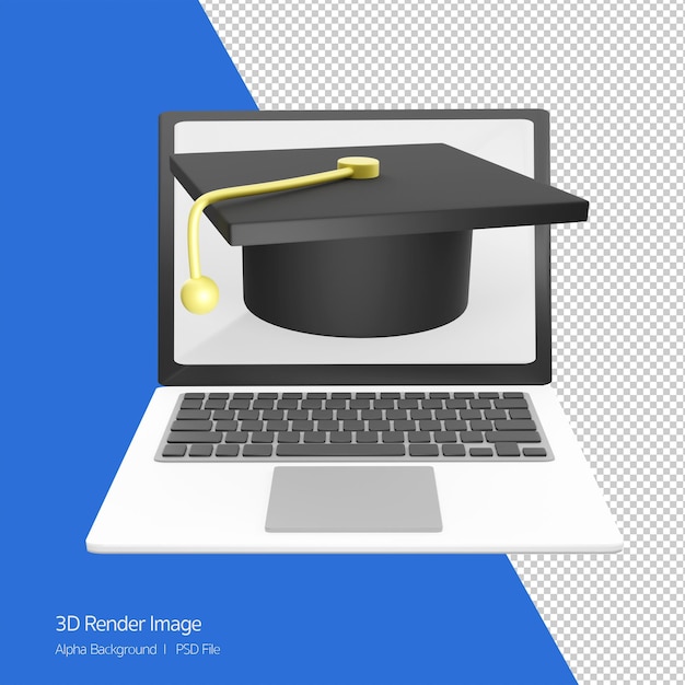 PSD 3d rendering illustration of laptop with graduation cap learning concept research studyeducation