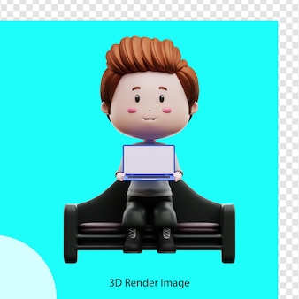 3d визуализация иллюстрации мальчика, сидящего с ноутбуком