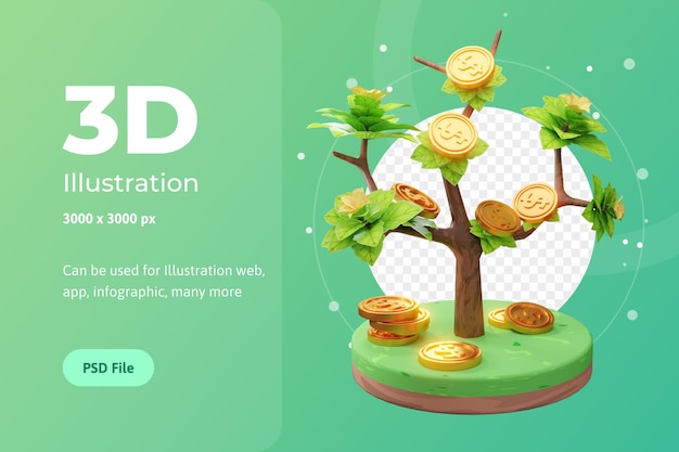 PSD 웹, 앱 등에 사용되는 나무와 동전이 있는 성장하는 비즈니스의 3d 렌더링 그림