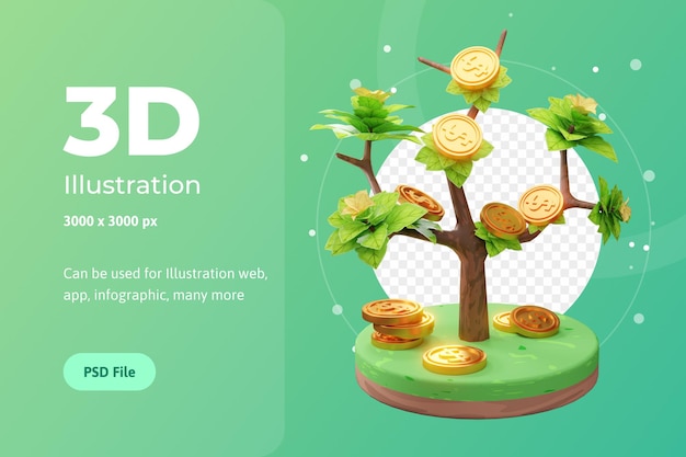 PSD ウェブ、アプリなどに使用される、ツリーとコインを使用した、成長するビジネスの3dレンダリングイラスト