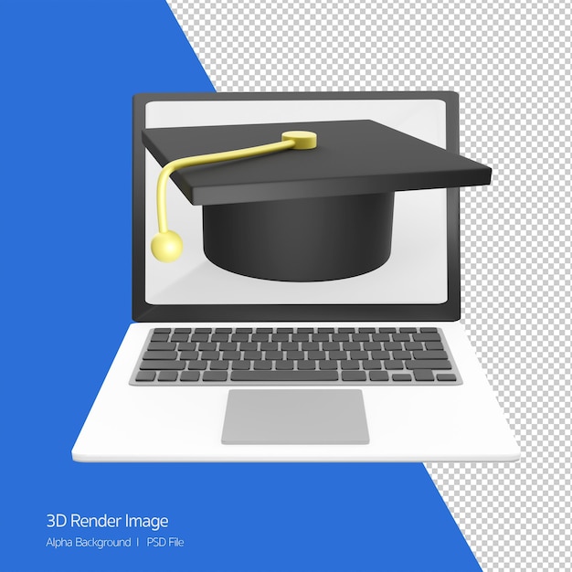 PSD 졸업 모자 학습 개념 연구 연구 교육과 노트북의 3d 렌더링 그림