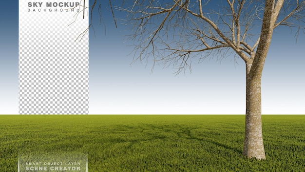 PSD a 3d rendering image of a big dead tree placed grass field