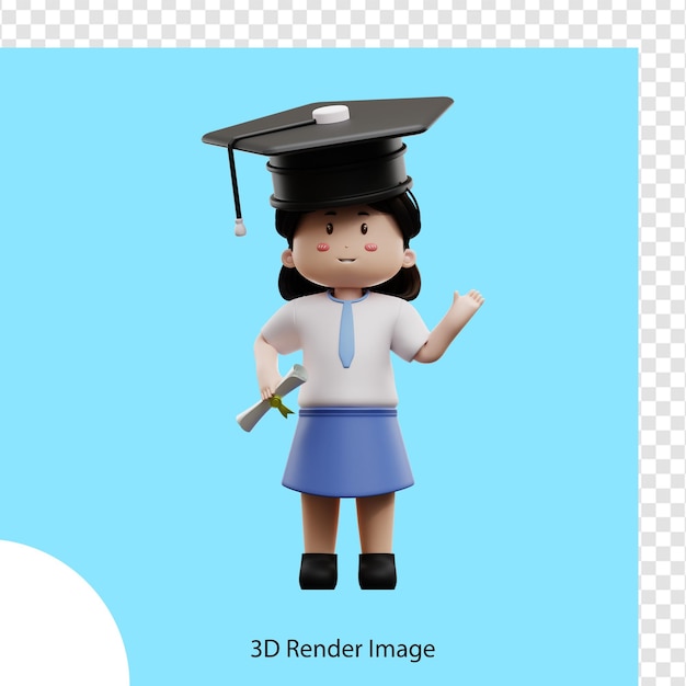 졸업 모자를 쓰고 졸업장을 들고 있는 소녀의 3d 렌더링 이미지