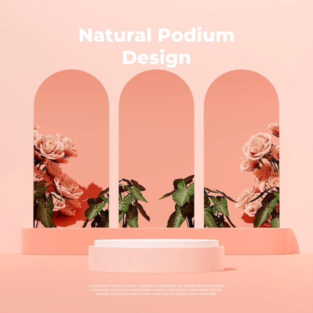 3d rendering image illustration of empty space podium display for product mockup natural background