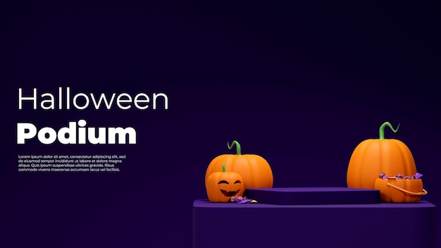 3d rendering image mockup of orange podium in landscape with jack o lantern and candy in pumpkin jar