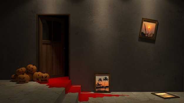 3d rendering image of pumpkin head onthe froor and photo frame mockup on the wall.