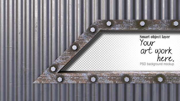 PSD a 3d rendering image of a rust steel frame on old metal sheet wall and roof panel