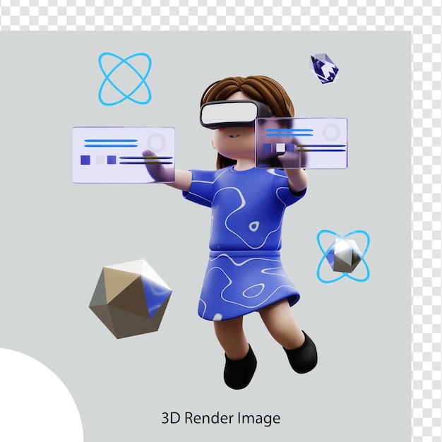 PSD immagine di rendering 3d di una donna che indossa un abito blu e un auricolare per realtà virtuale