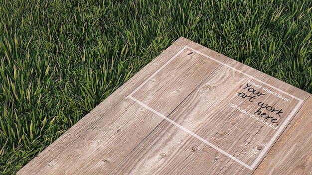 A 3d rendering image of wooden plate place on grass field