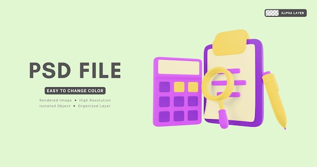 3d rendering includes a magnifying glass pen notepad and calculator icon