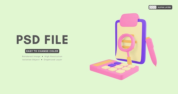 3d-рендеринг включает блокнот с увеличительным стеклом и значок калькулятора.