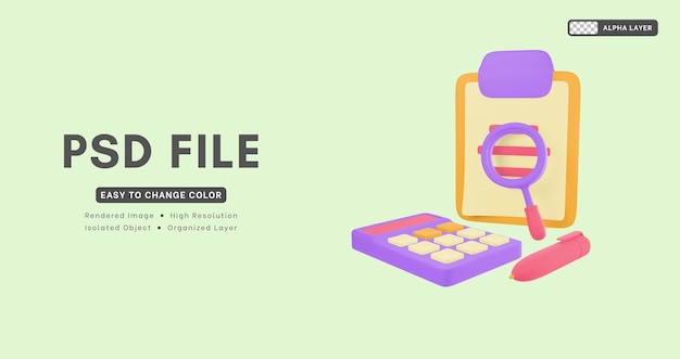 Il rendering 3d include un blocco note con penna con lente d'ingrandimento e un'icona calcolatrice
