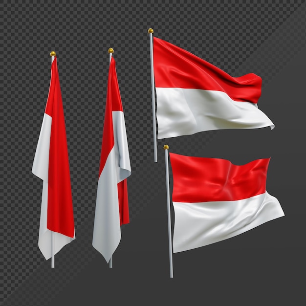 3d 렌더링 인도네시아 국기가 펄럭이고 펄럭이는 관점 다양한 보기가 없습니다.