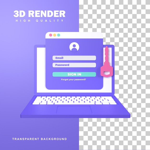 3D-rendering Inloggningssida för att komma in på webbplats eller app.