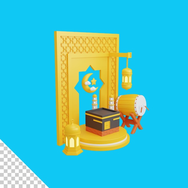 3d rendering islamic decoration with podium display and kaaba useful for ramadan kareem design