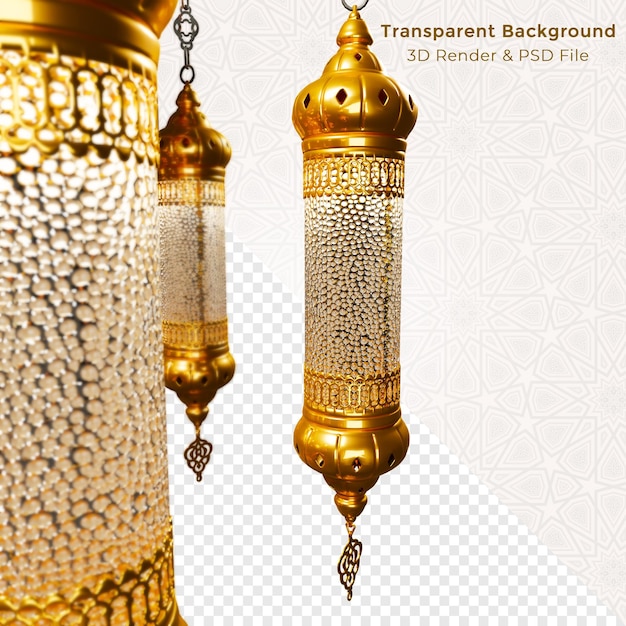 PSD 3d rendering islamic golden lanterns islamic decoration front view transparent background