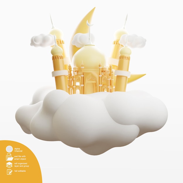 3d rendering of islamic ramadan concept illustration mosque and drum on the cloud