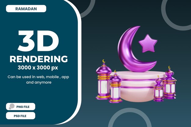 3d rendering islamitisch ramadan podium concept met maan en lantaarn illustratie premium psd