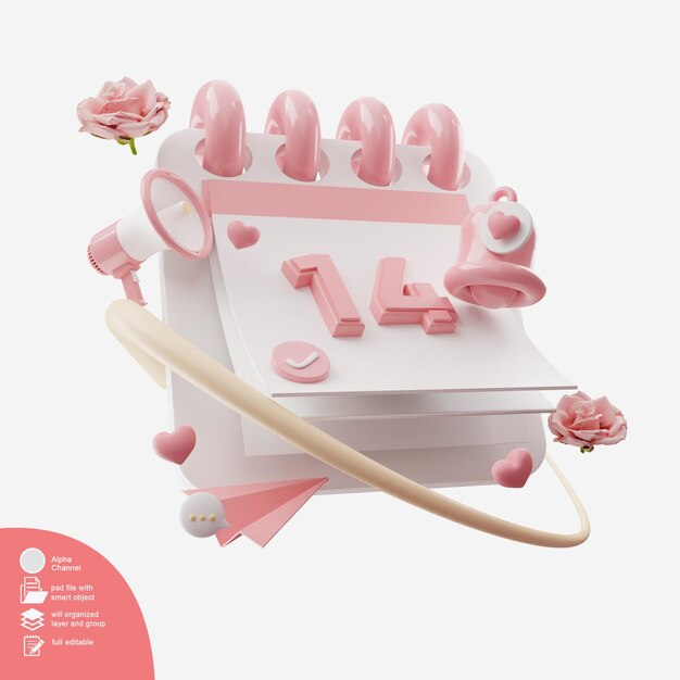 3d rendering of isolated 14th cute calendar with bell notification illustration concept