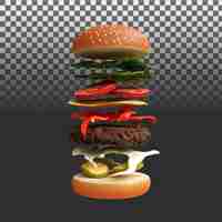 PSD 3d rendering of isolated symetrys burger on transparent background. 3d render illustration.