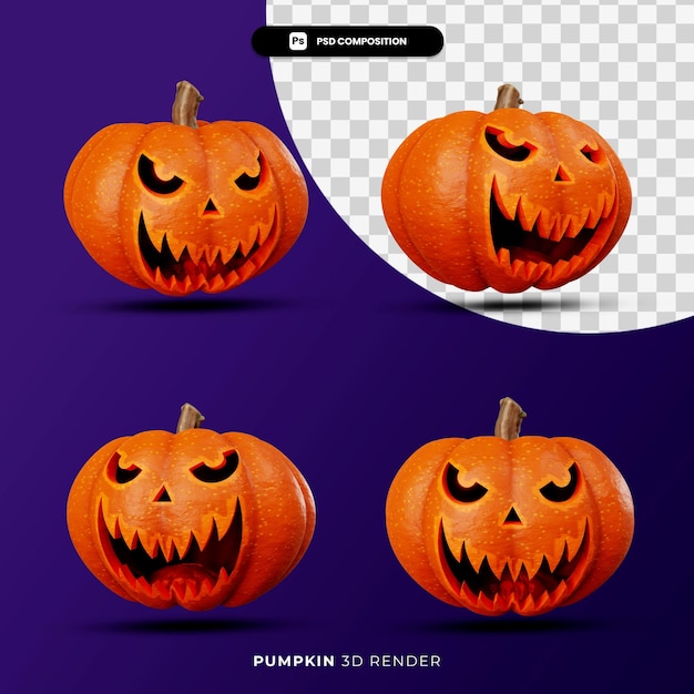 Rendering 3d del concetto di halloween delle zucche jack con angolo diverso isolato