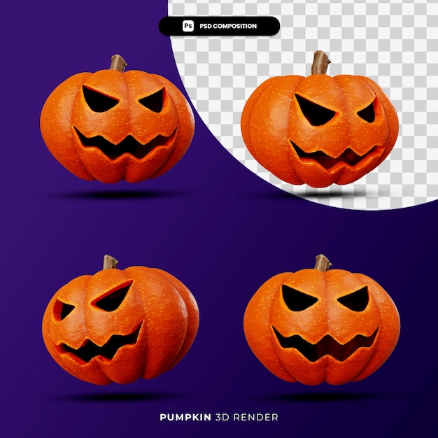 Rendering 3d del concetto di halloween delle zucche jack con diverse pose isolate