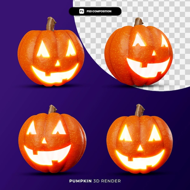 Rendering 3d del concetto di halloween della lanterna delle zucche della presa con l'angolo differente isolato