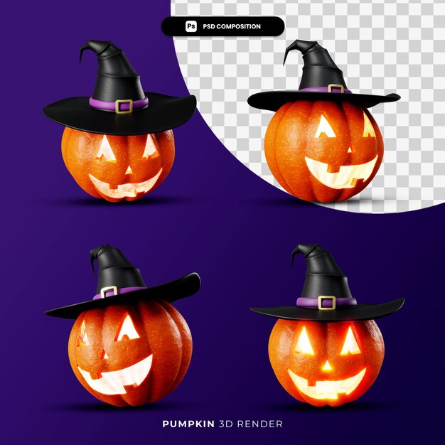 3d rendering of jacks pumpkin lantern in witch hat halloween concept with different angle isolated