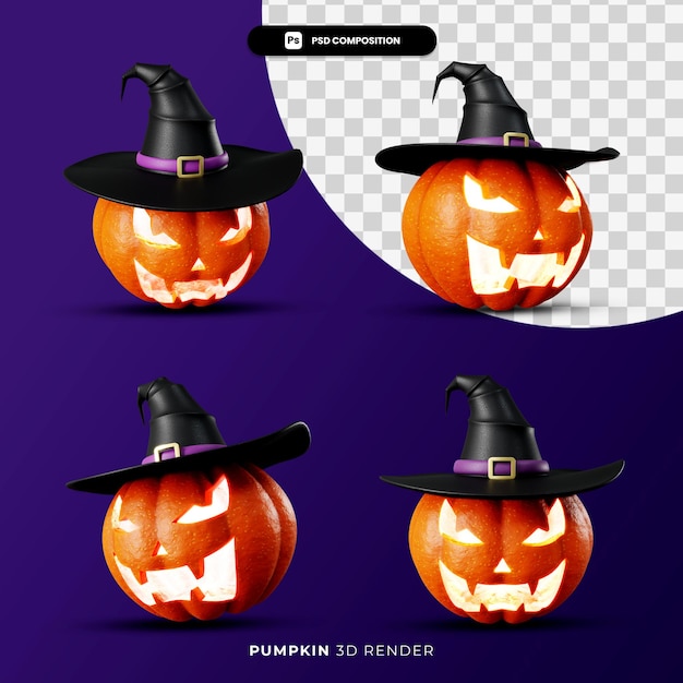 3d rendering of jacks pumpkin lantern in witch hat halloween concept with different angle isolated