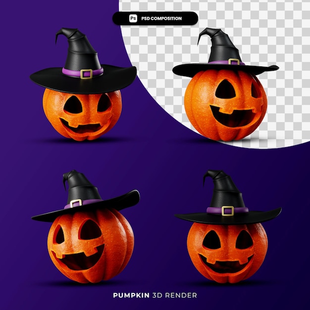 PSD rendering 3d della zucca di jack nel concetto di halloween del cappello della strega con angolo diverso isolato