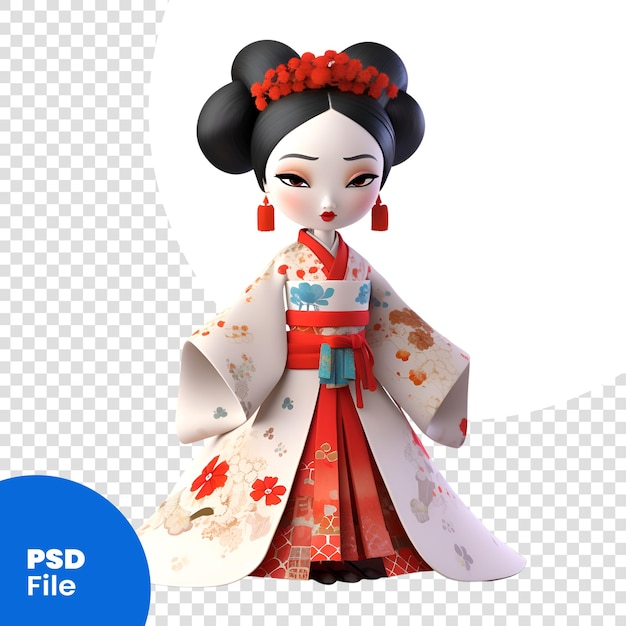 PSD rendering 3d di una geisha giapponese isolata su sfondo bianco modello psd