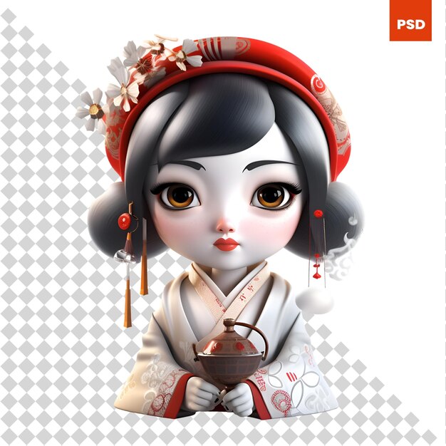 PSD 3d rendering of a japanese geisha with a teapot