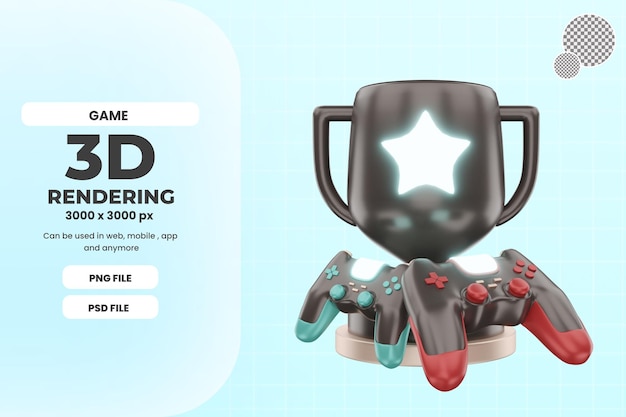 PSD 3d rendering joystick game and trophy icon object premium psd